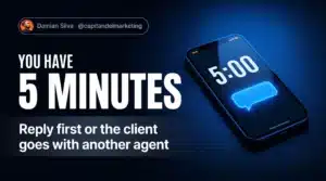 Five-minute countdown on a phone: real estate speed-to-lead rule · Capitán del Marketing